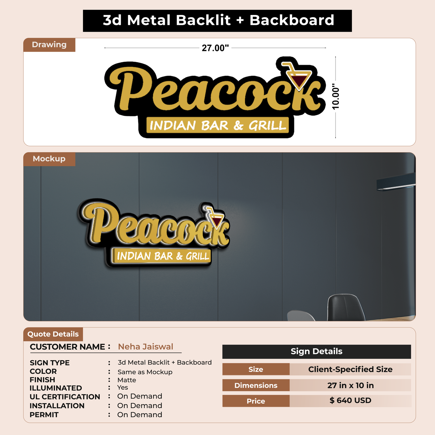 3D Metal Back-lit Sign With Backboard For Neha Jaiswal