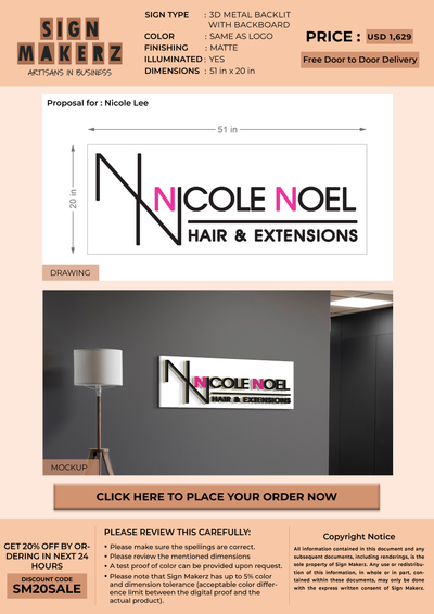 3d metal backlit with backboard for Nicole Lee