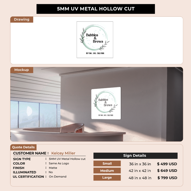 5MM UV Metal Hollow Cut Sign for Kelcey Miller