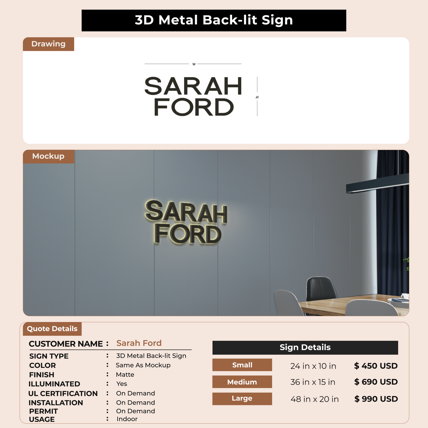 3D Metal Backlit Sign for Sarah Ford