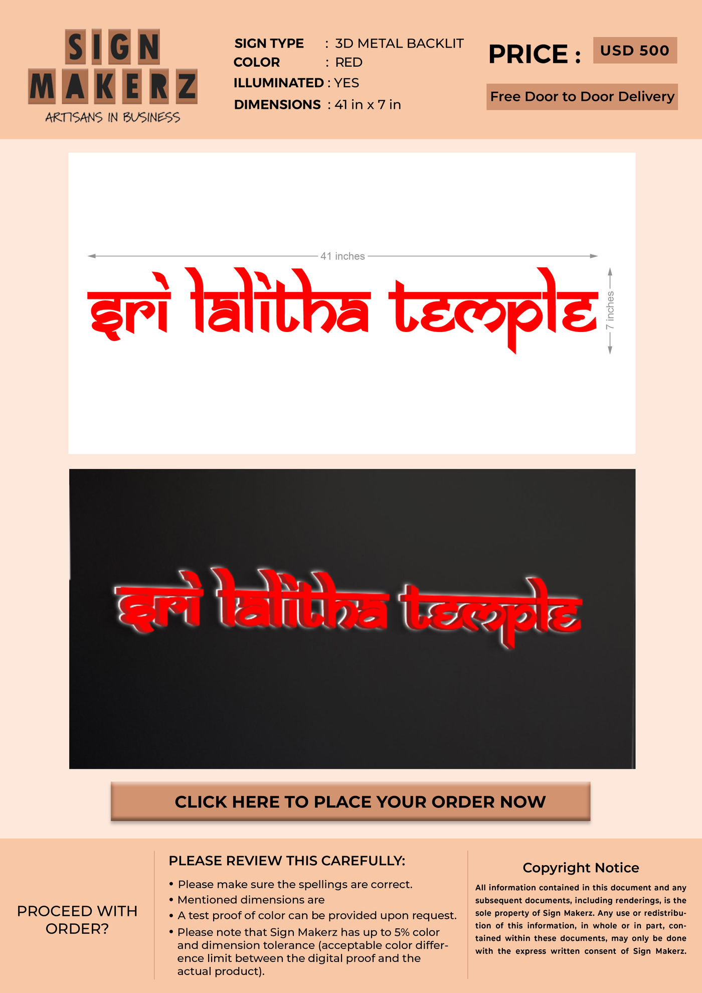 3D Metal Backlit Sign for Sri Lalitha